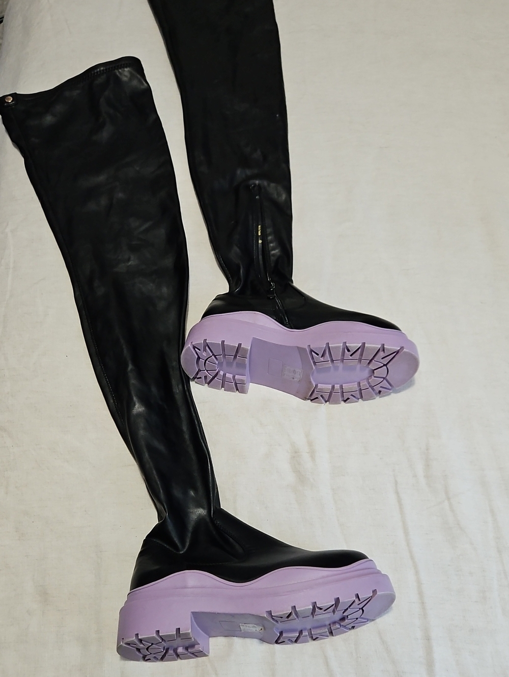 Azalea Wang Black Naomi Thigh High Boots Purple Lug Sole Boots Flatform Size 9